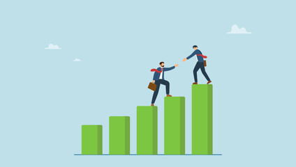 Success businessman support team member giving hand to help reach target. Manager support to achieve target, mentor or coaching to success in work, trusted partnership or team collaboration.