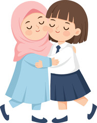 Muslim and Hindu School Girls Hugging in Friendship 