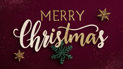 Merry christmas glitter text with festive decorations on a dark red background