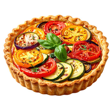 Rustic proven&ccedil;al vegetable tart with roasted peppers and zucchini, perfectly isolated on a pure white background
