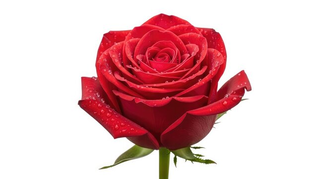 Elegant red rose with delicate water droplets glistening on petals for romantic occasions or heartfelt greetings conveying deep affection and beauty