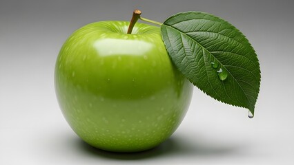 Fresh green apple with leaf on neutral background for healthy eating