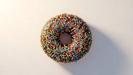 Single chocolate donut with colorful sprinkles on a cream colored background