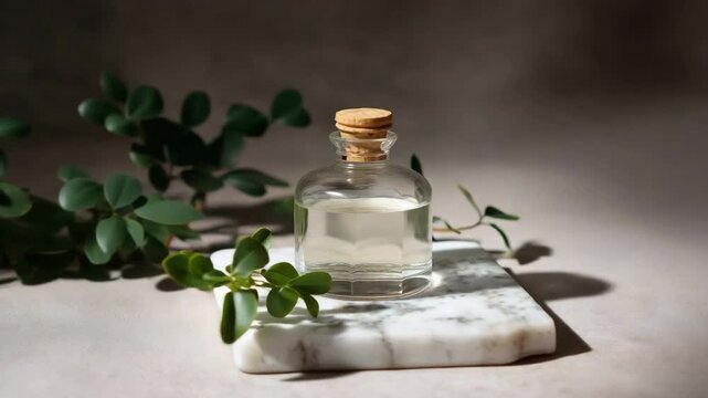 Small glass bottle with cork stopper on marble platform surrounded by green leaves