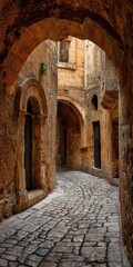 Obraz premium Historical Cobblestone Pathway: A Curved Ancient Stone Alleyway in Malta with Intricate Archway Architecture