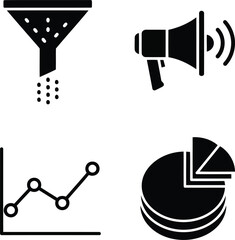 Four black icons representing data analysis and marketing