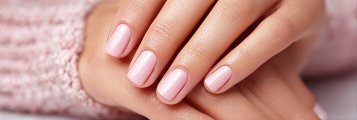 Fototapeta premium Elegant and Healthy Hands of a Woman Showcasing Light Pink Manicure and Radiant Skin Care