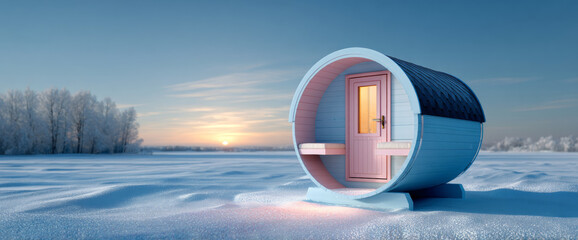 Modern circular wooden sauna cabin with glowing interior door in snowy winter landscape at sunset with frosted trees