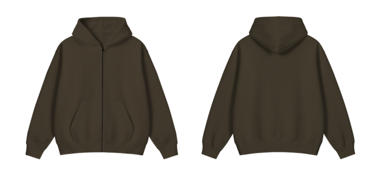 Blank Dark Brown Zipper Hoodie Mockup Front and Back on Transparent Background