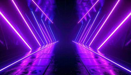 Neon Light Corridor: A striking geometric perspective of a corridor lit with vibrant neon lights, creating a futuristic ambiance and visual depth.