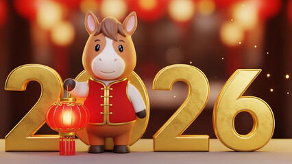 A horse cartoon figure with a lantern and golden numbers forming the year
