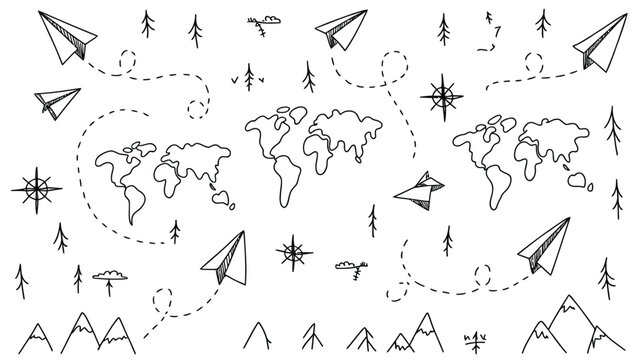 Hand drawn doodle world map with paper airplanes compasses trees clouds and mountains for travel adventures