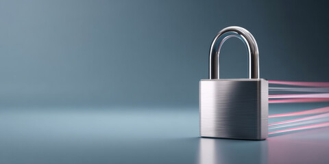 Naklejka premium A shiny metallic padlock with pink and blue light streaks coming out of it, on a grey background