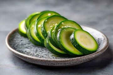 Sliced zucchini with sesame seeds on speckled plate Image