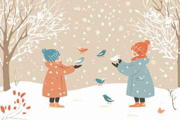 Flat naive cartoon of two children in winter coats feeding birds under falling snow. Ideal for nursery posters, printable decor, or holiday greeting cards