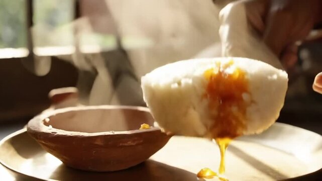 Steaming Bhapa Pitha Dessert Served with Jaggery Syrup Drip on Terracotta Bowl - Authentic Bengali Cuisine