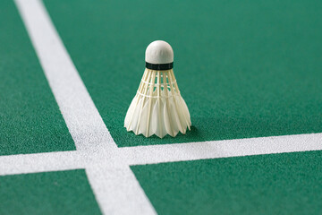 A white shuttlecock sits perfectly on the intersection of the two white service lines, sharply...