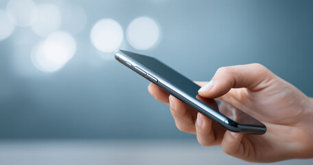A hand holding a smartphone with its screen on and thumb touching the display, against an out-of-focus background of bokeh lights