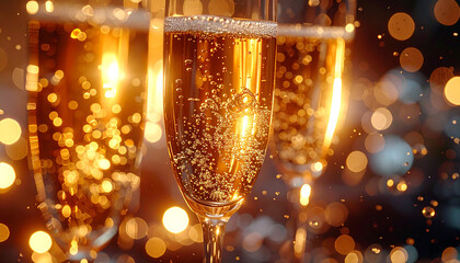 Festive Toast: Sparkling champagne flutes gleam with effervescence, the bubbles rising in a celebratory toast, embodying joy and elation with an elegant touch.