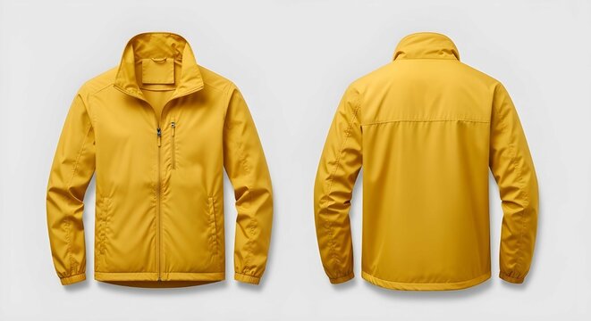 Bright yellow windbreaker jacket mockup with clean front and back views