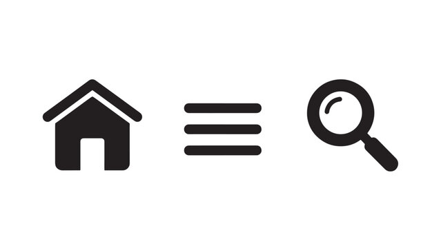 Simple black silhouette icons representing home menu and search functions isolated on white background