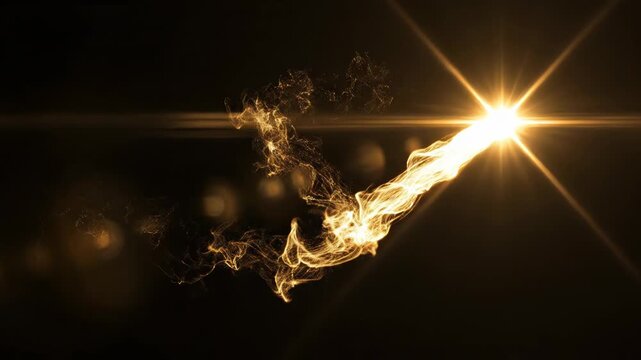Abstract golden light trail forming an elegant s shape with bright starburst lens flare on dark background