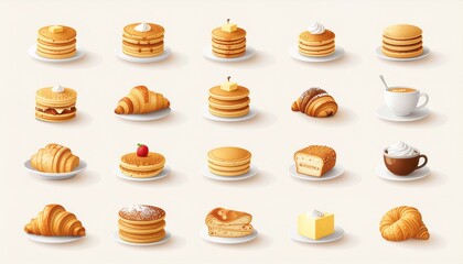 Plates with croissants, coffee, and sweet pastries. Suitable for food blogs, menus, and bakery advertisements.