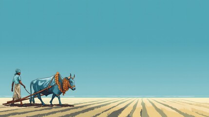 &ldquo;Vector illustration of a farmer ploughing the field with oxen under clean sky and sun &ndash; Happy Pongal Sankranti&rdquo;