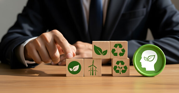 Businessperson arranging eco-friendly blocks, green business strategy