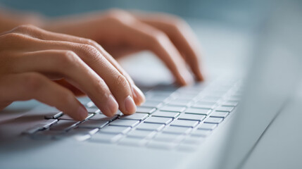 A close-up of a person's hands typing on the keyboard of a laptop computer