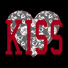 Bold red “KISS” typography layered over a white lace-pattern heart on a black background. A stylish romantic graphic perfect for fashion prints, posters, stickers, and modern Valentine designs.  © gorgang