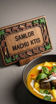 Samlor Machu Ktis &ndash; Cambodian Beef & Tamarind Soup in Bowl with Thnong Wood Plaque | Coconut Palm & Beef Rib Motifs, Luxurious Lighting 