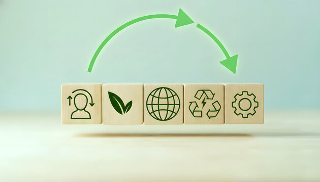 Circular economy concept with green icons on light wooden blocks