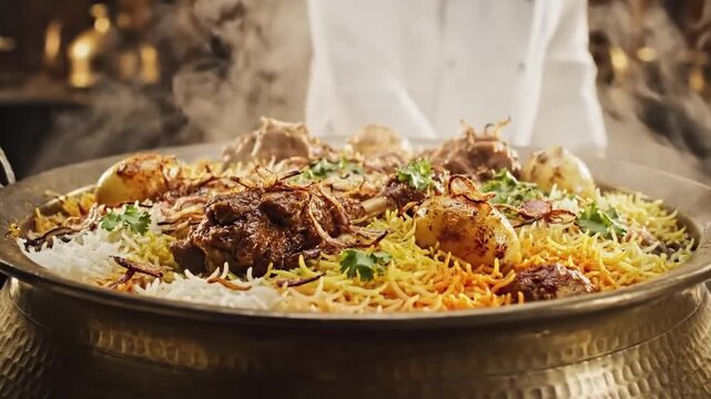Chef lifts the lid off a brass handi revealing steaming chicken Biryani - Traditional Indian gourmet food presentation.