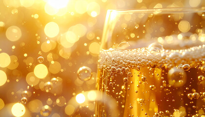 Bubbly Delight: Close-up of effervescent champagne in a elegant glass. Bubbles and light effects create the joyous spirit of a celebratory moment