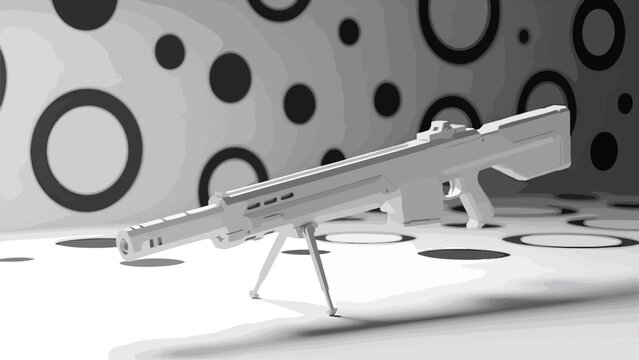 Sleek white futuristic laser rifle with bipod, set against a minimalist black and white polka dot background, representing advanced technology and sci-fi weaponry.