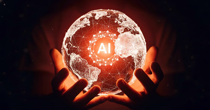 Digital world globe with ai text, human hands illuminate future - Powered by Adobe