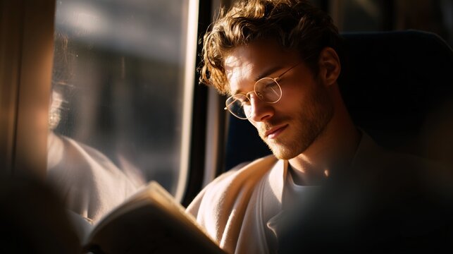 Young man reading a book on a train during golden hour light