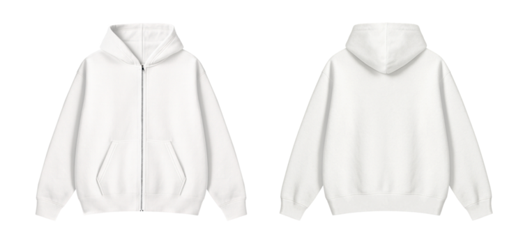 Blank White Zipper Hoodie Mockup Front and Back on Transparent Background