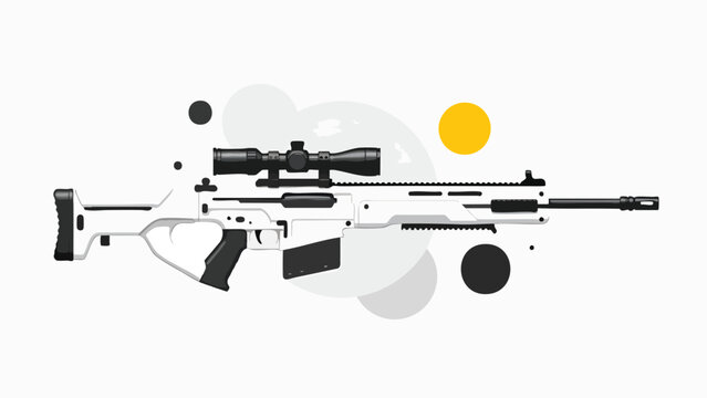 Modern white sniper rifle with scope and magazine, isolated on a light background with abstract circles