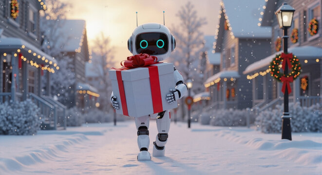 Christmas robot delivering gift in winter neighborhood for holiday decoration and advertising