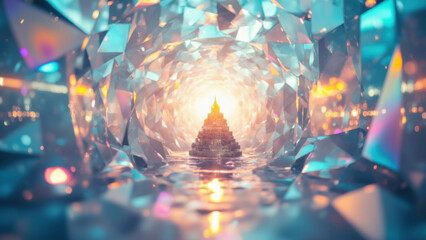 A blurred, layered structure rises from a reflective surface. Soft, diffuse light emanates from its peak, creating a sense of depth and limitless space.