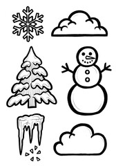 Hand Drawn Black and White Winter Elements Set - Doodle Icons Collection