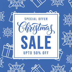 Festive blue Christmas sale banner with circular badge, gift box line icons and snowflake pattern, promotional holiday background template for winter retail discounts and special offers.