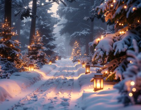 A path in a winter forest lit with lamps, surrounded by Christmas trees lit with Christmas lights