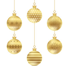 Elegant gold christmas ornaments with festive patterns hanging against a dark black background for holiday celebrations