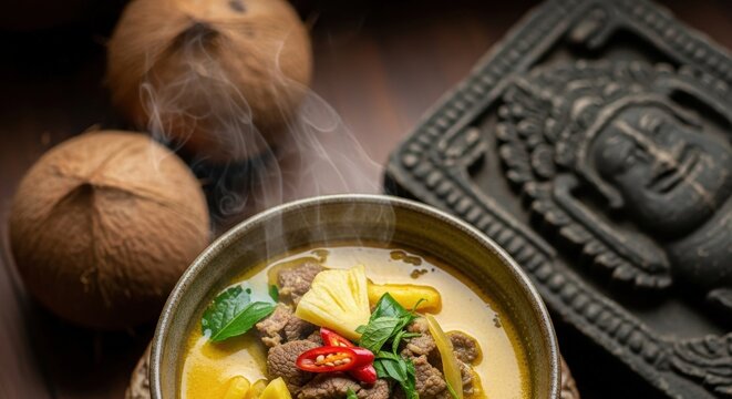 Creamy Cambodian Samlor Machu Ktis &ndash; Sour Coconut Beef Soup in Ceramic Bowl with Coconut Shell & Angkor Carving 