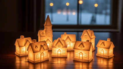 Luxurious and graceful ceramic houses with lights on a wooden table with snowy window background - Christmas theme