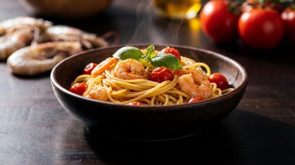 Steaming Spaghetti with Shrimp, Cherry Tomatoes, and Basil