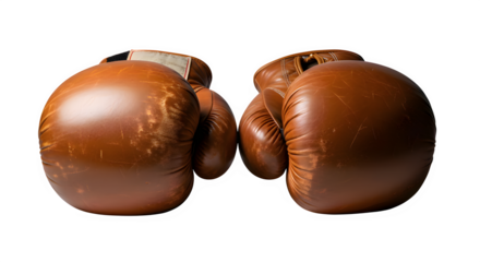 Vintage brown leather boxing gloves isolated on transparent background